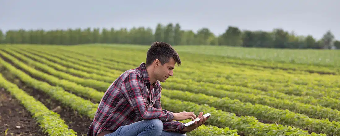 Farmer with tablet in soybean field for Development of tools to assess the impacts of investment on natural capital