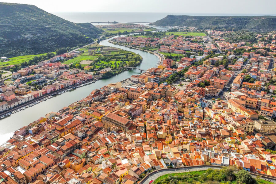 An aerial view of a town in Sardinia, Italy