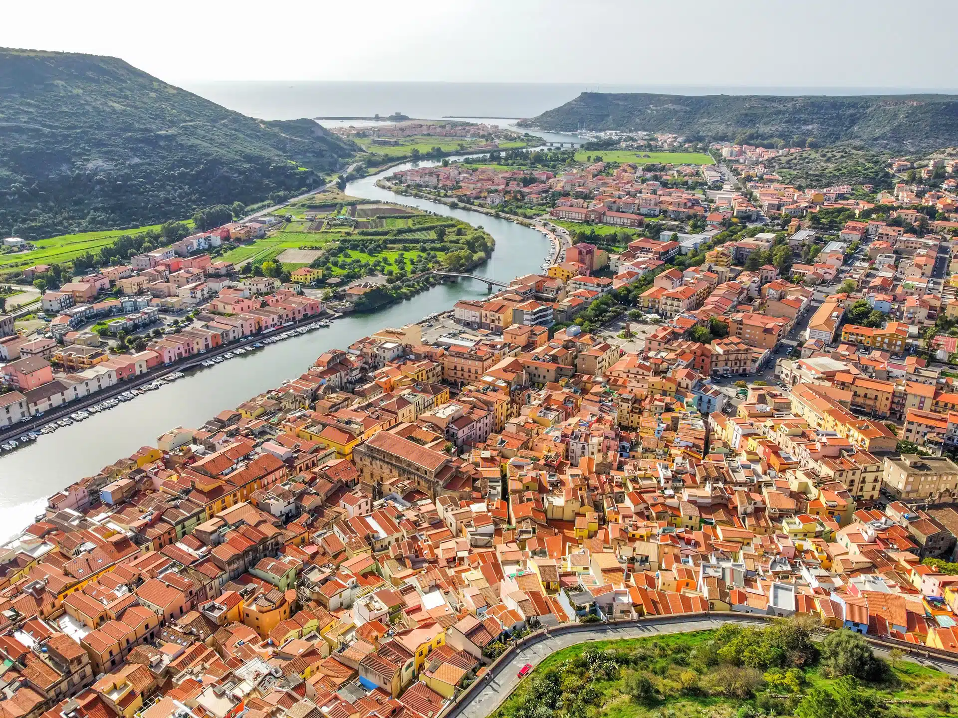 An aerial view of a town in Sardinia, Italy