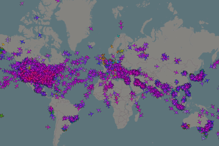 A screenshot from the Open Sky Network map of global plane activity for new measures for sustainable tourism.