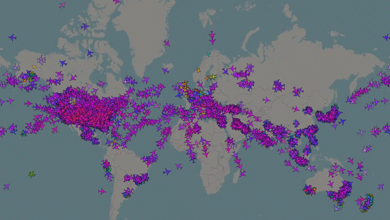 A screenshot from the Open Sky Network map of global plane activity for new measures for sustainable tourism.