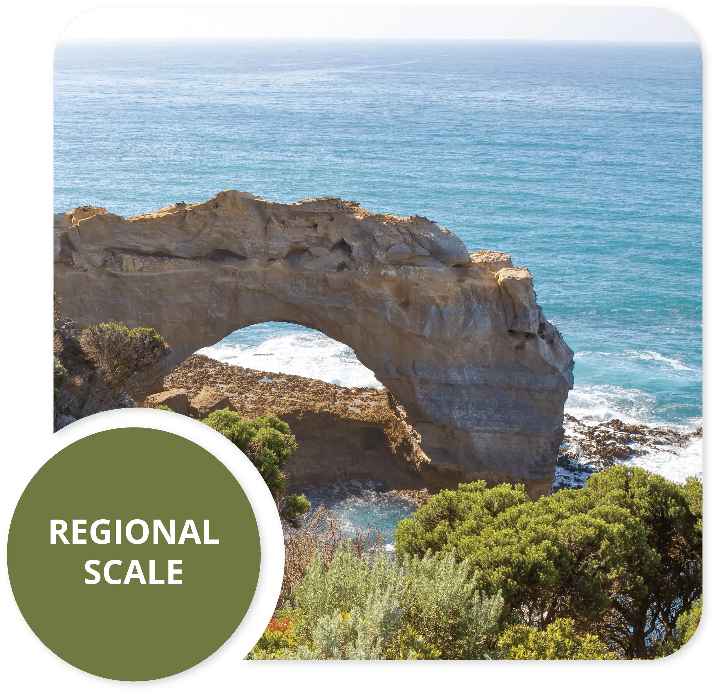 Limestone sea arch on a rugged coastline with blue ocean and coastal vegetation