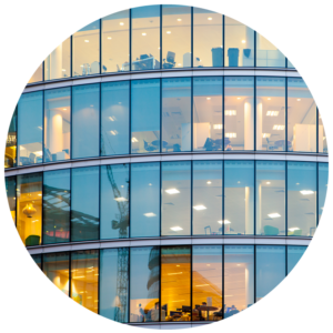 Office building with lights on