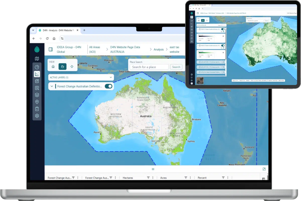 Laptop and tablet showing a Data 4 Nature map of Australia with a forest change layer and a table of results in hectares and percent