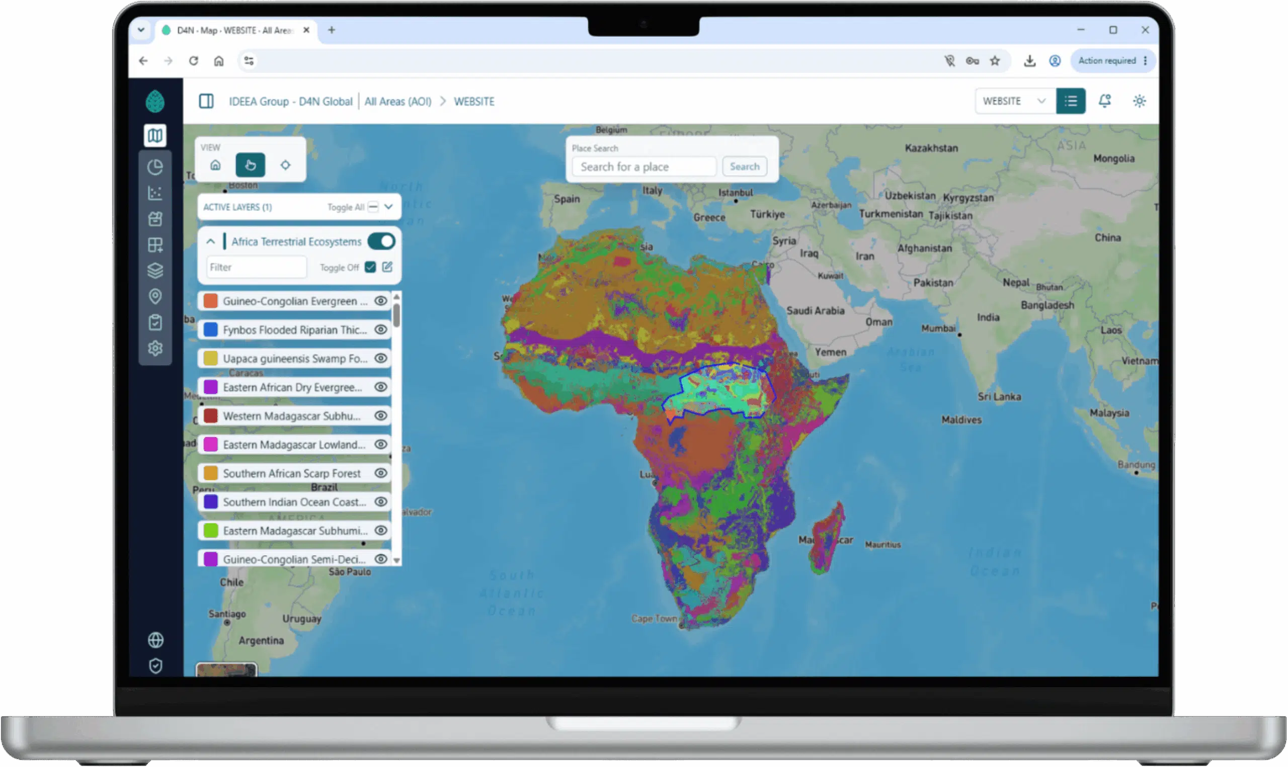 Laptop showing the Data 4 Nature map of Africa with colour-coded terrestrial ecosystem layers