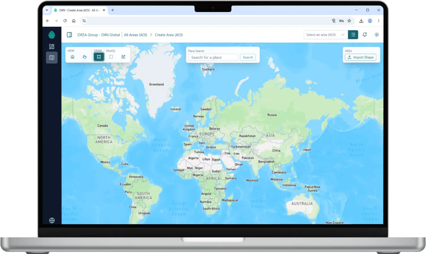 Laptop showing the Data 4 Nature world map for creating an area of interest
