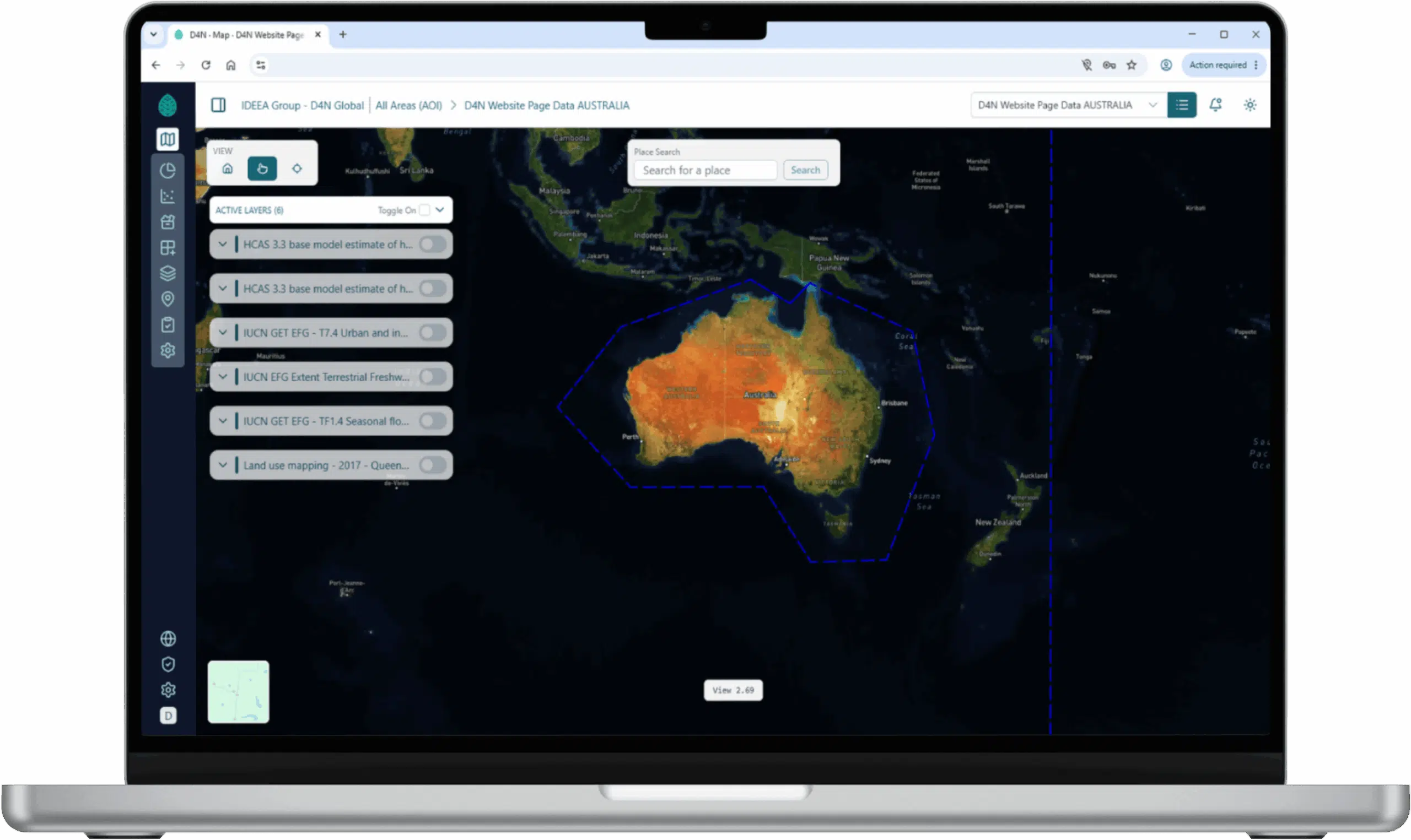 Laptop showing the Data 4 Nature map of Australia with selectable environmental data layers