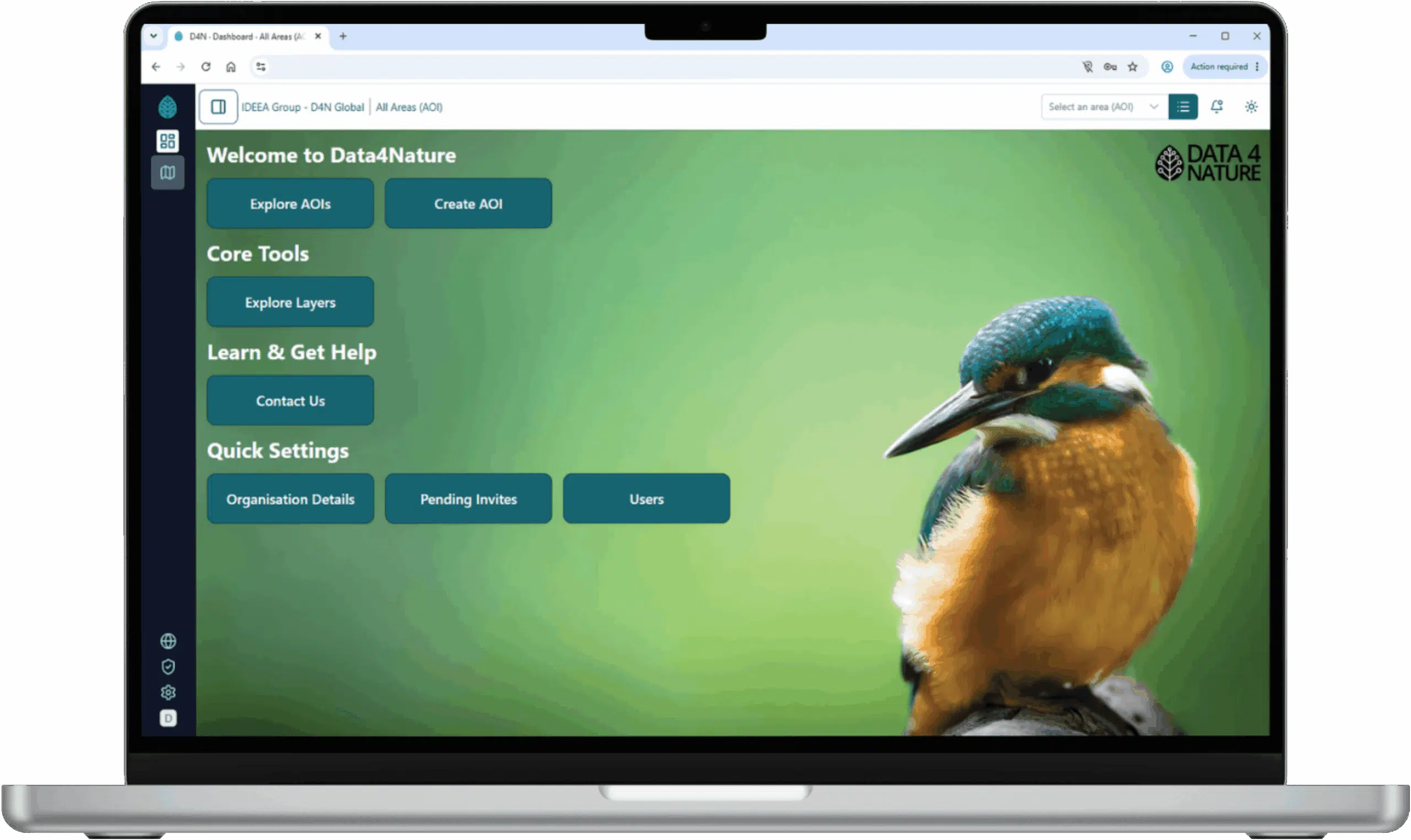 Laptop showing the Data 4 Nature dashboard home screen with a kingfisher and buttons to explore and create areas of interest