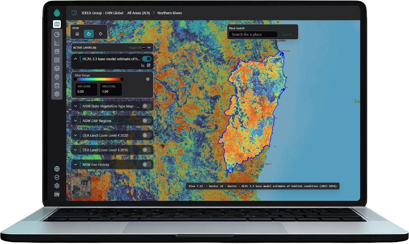 Laptop showing the Data 4 Nature map of the Northern Rivers region with colour-coded habitat condition layers