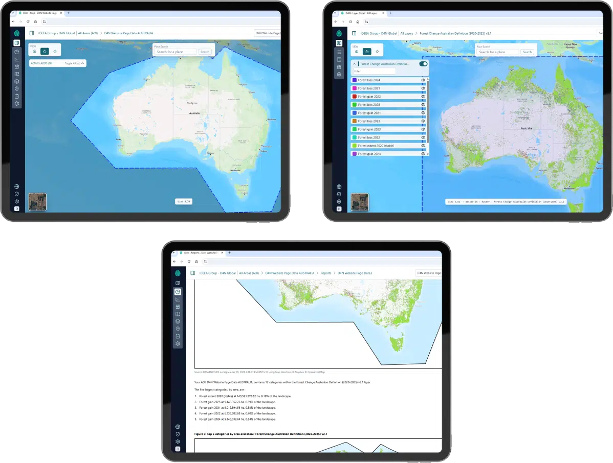 Tablet showing a Data 4 Nature map of Australia with colour-coded land cover layers