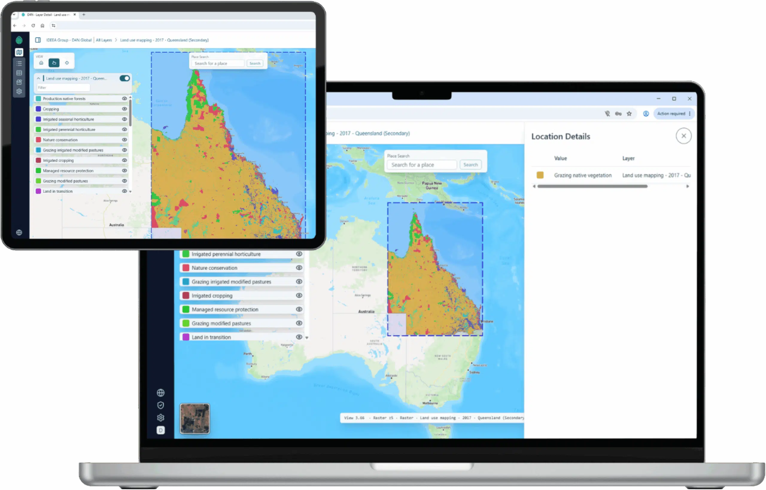 Tablet showing the Data 4 Nature map of Queensland with colour-coded land cover layers