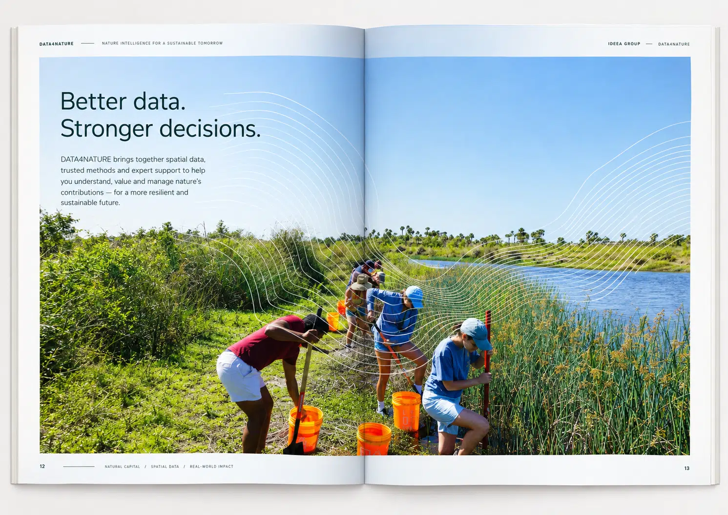Open Data4Nature brochure titled “Better data. Stronger decisions.” showing volunteers working beside a river in a green wetland