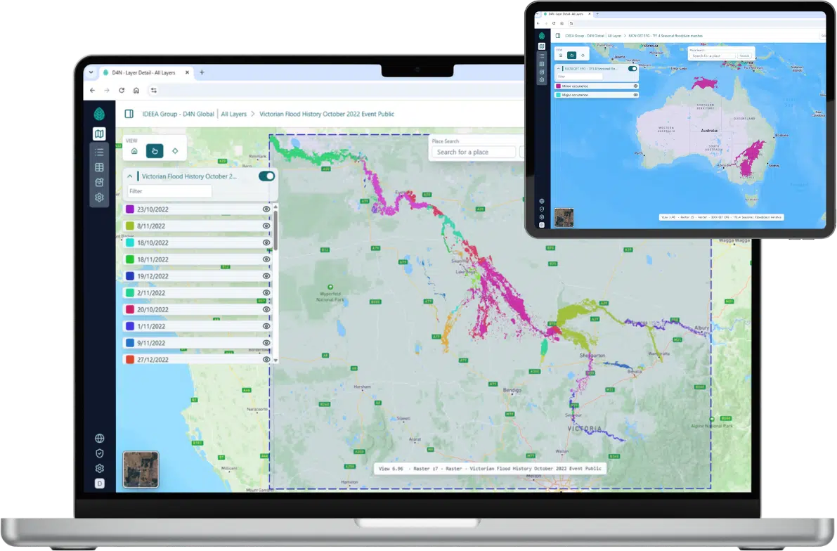 Laptop and tablet showing a Data 4 Nature map of the October 2022 Victorian flood history with colour-coded flood dates