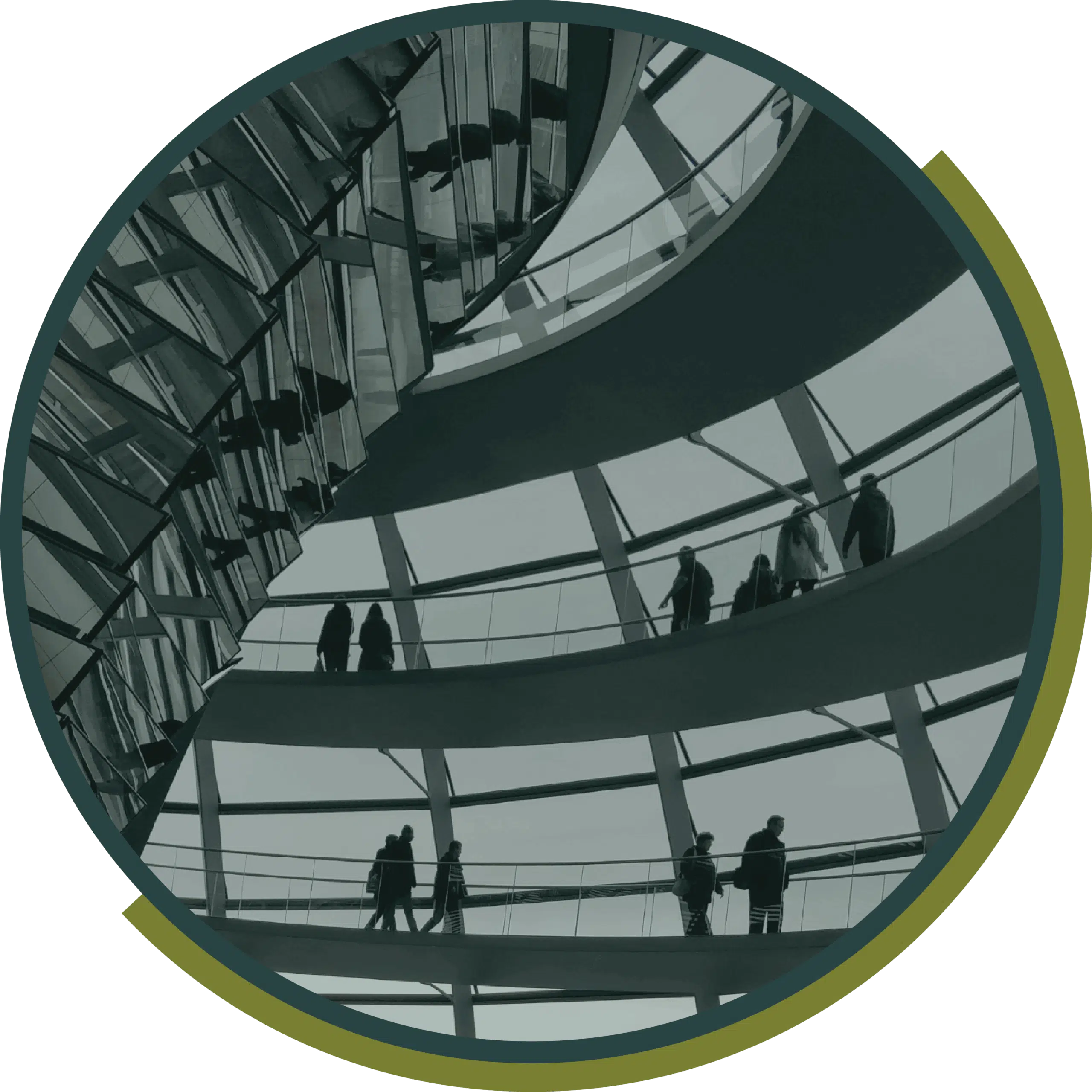 Spiral walkway inside a glass dome with visitors walking the ramp