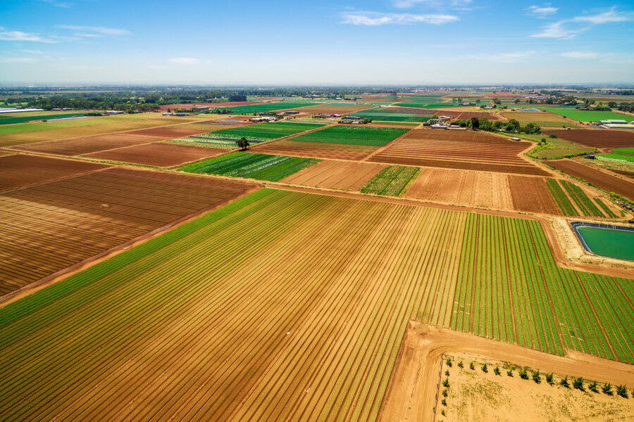 A birds eye view of a patchwork of agricultural fields