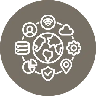 Circle of linked symbols with globe icon, representing comparing regions