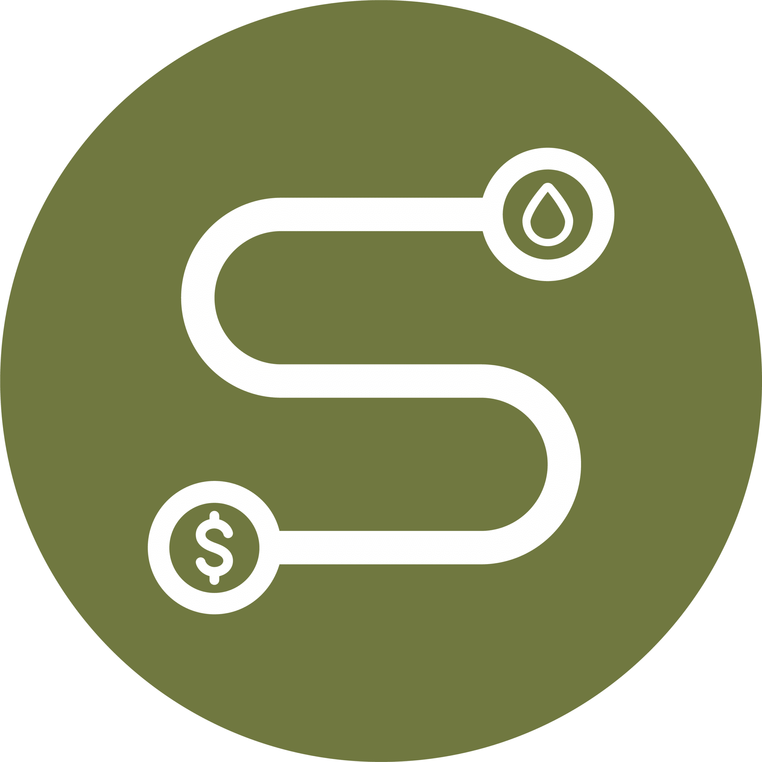 Winding path linking a water drop and a dollar coin icon, representing the connection between nature and the economy