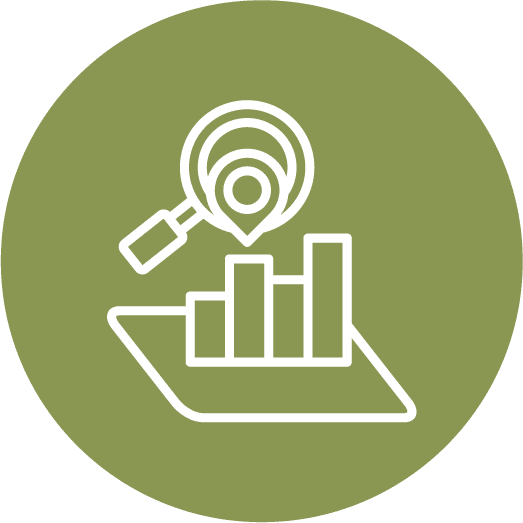 Magnifying glass over map pin and bar chart icon representing spatial monitoring