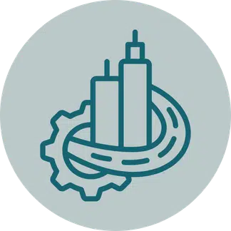 Buildings with gear and road loop icon, representing new development
