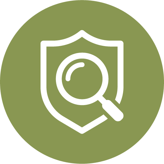 Shield with magnifying glass icon representing performance assessment