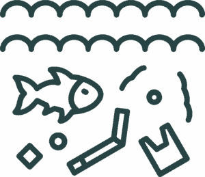 Fish, waves and floating litter icon, representing ecosystem condition