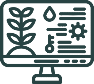 Computer screen with plant, water drop and gear icon, representing ecosystem services