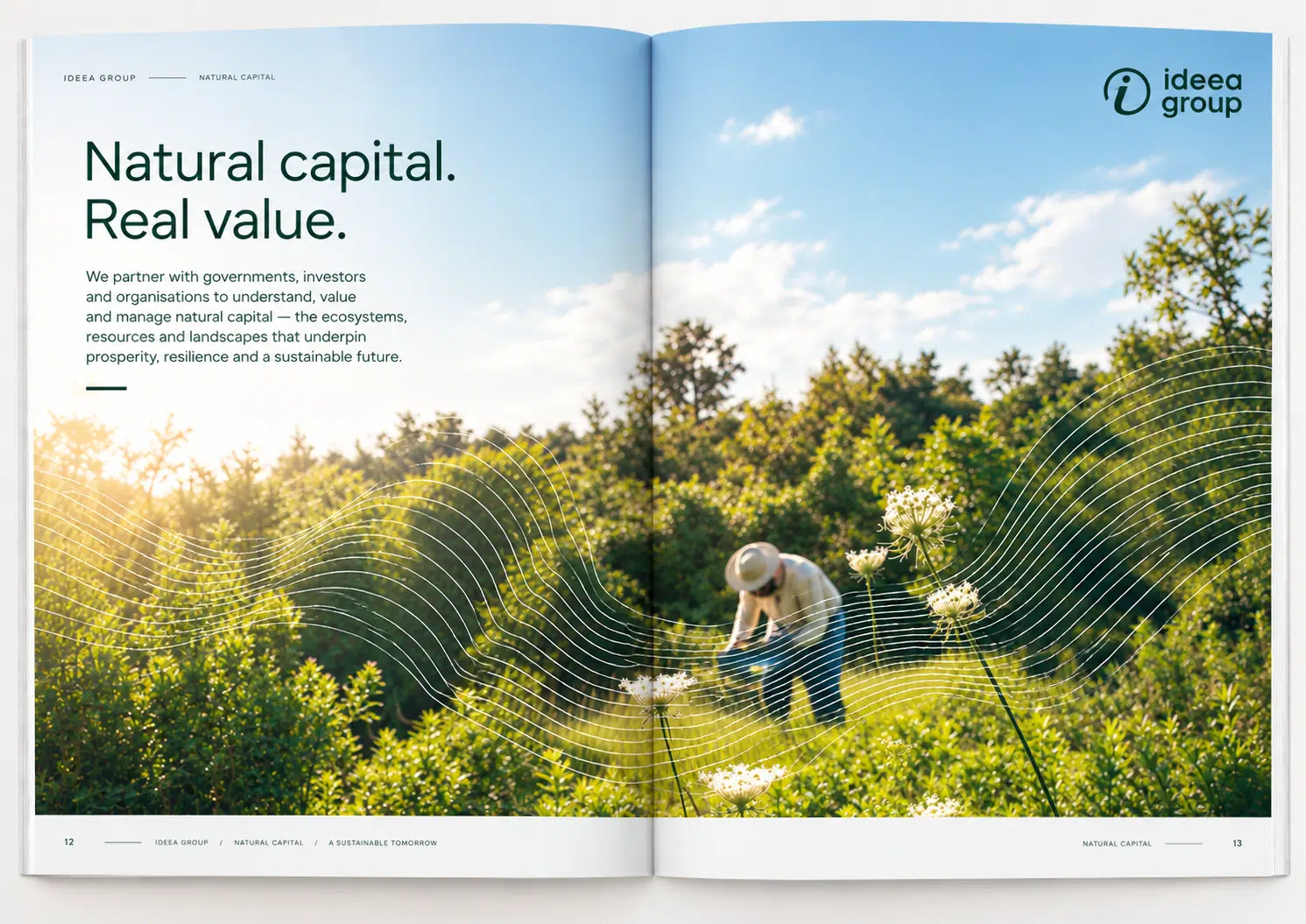 Open ideea group brochure titled “Natural capital. Real value.” showing a person working in a sunlit green meadow