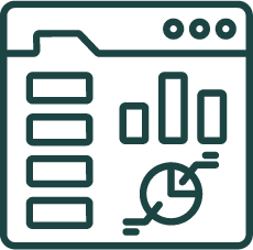 Dashboard window with bar and pie charts icon, representing evidence for policy and investment
