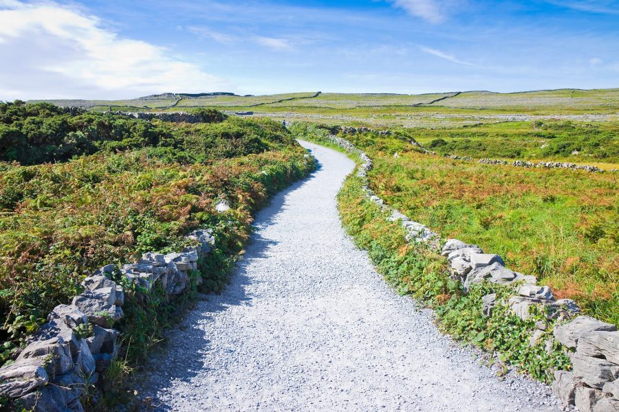 A view of the Irish countryside with rock walls and a gravel path.