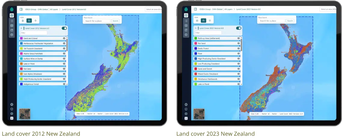 Tablet showing a map of New Zealand land cover in 2012 and 2023