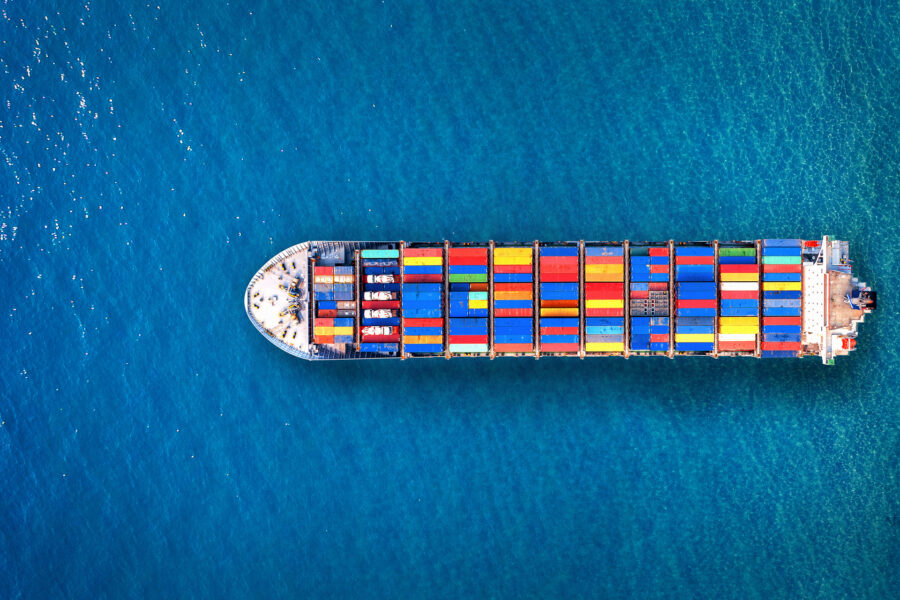 A cargo ship at sea.