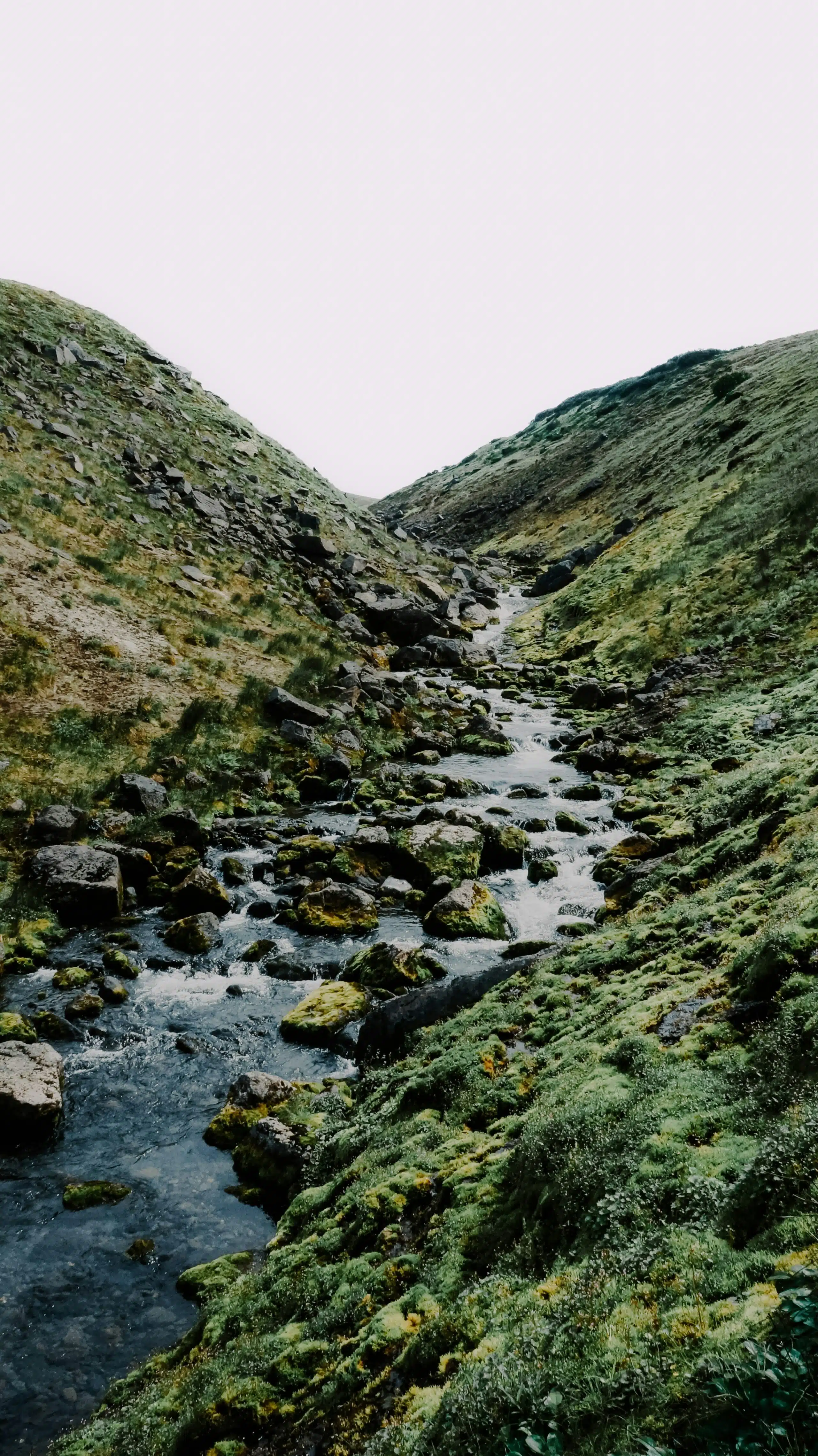 Narrow stream running over mossy rocks down a grassy valley