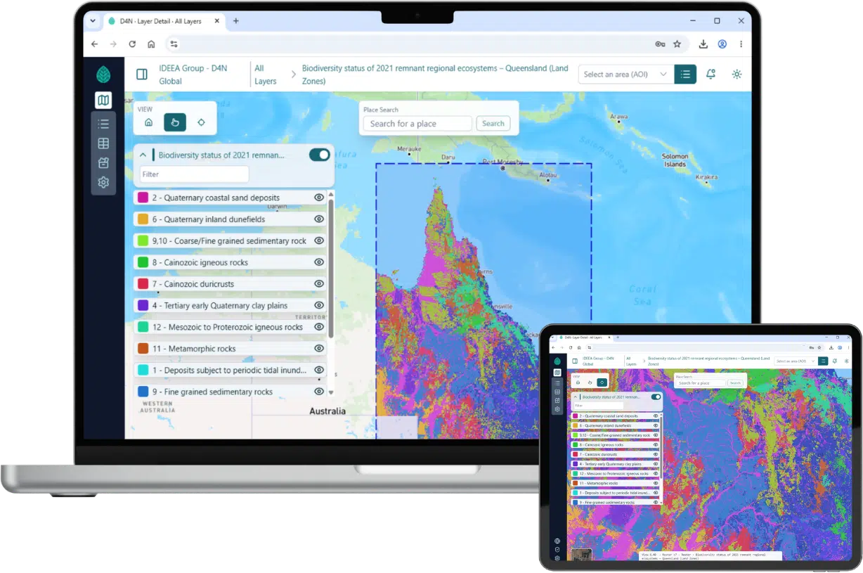 Laptop and tablet showing a Data 4 Nature map of Queensland with colour-coded ecosystem layers and a list of ecosystem types