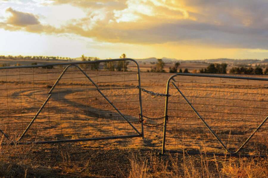 A view of a dry, grassy landscape with two metal gates linked by a chain