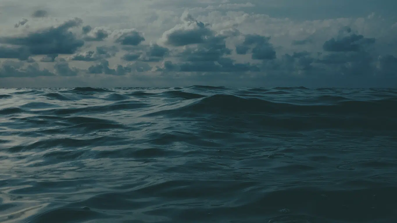 Dark ocean waves under a heavy, cloudy sky