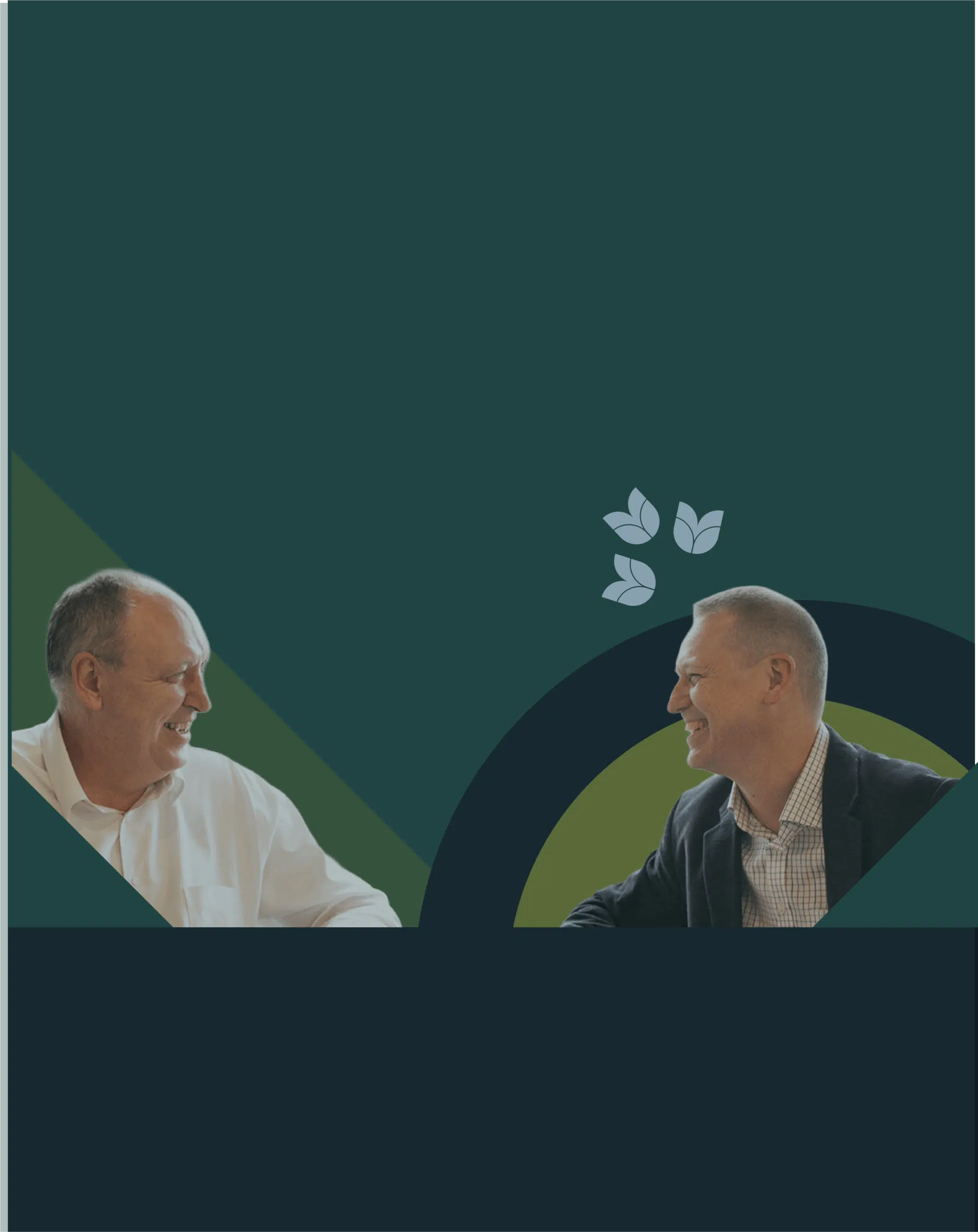 ideea group co-founders Mark Eigenraam and Carl Obst smiling at each other against green and navy shapes