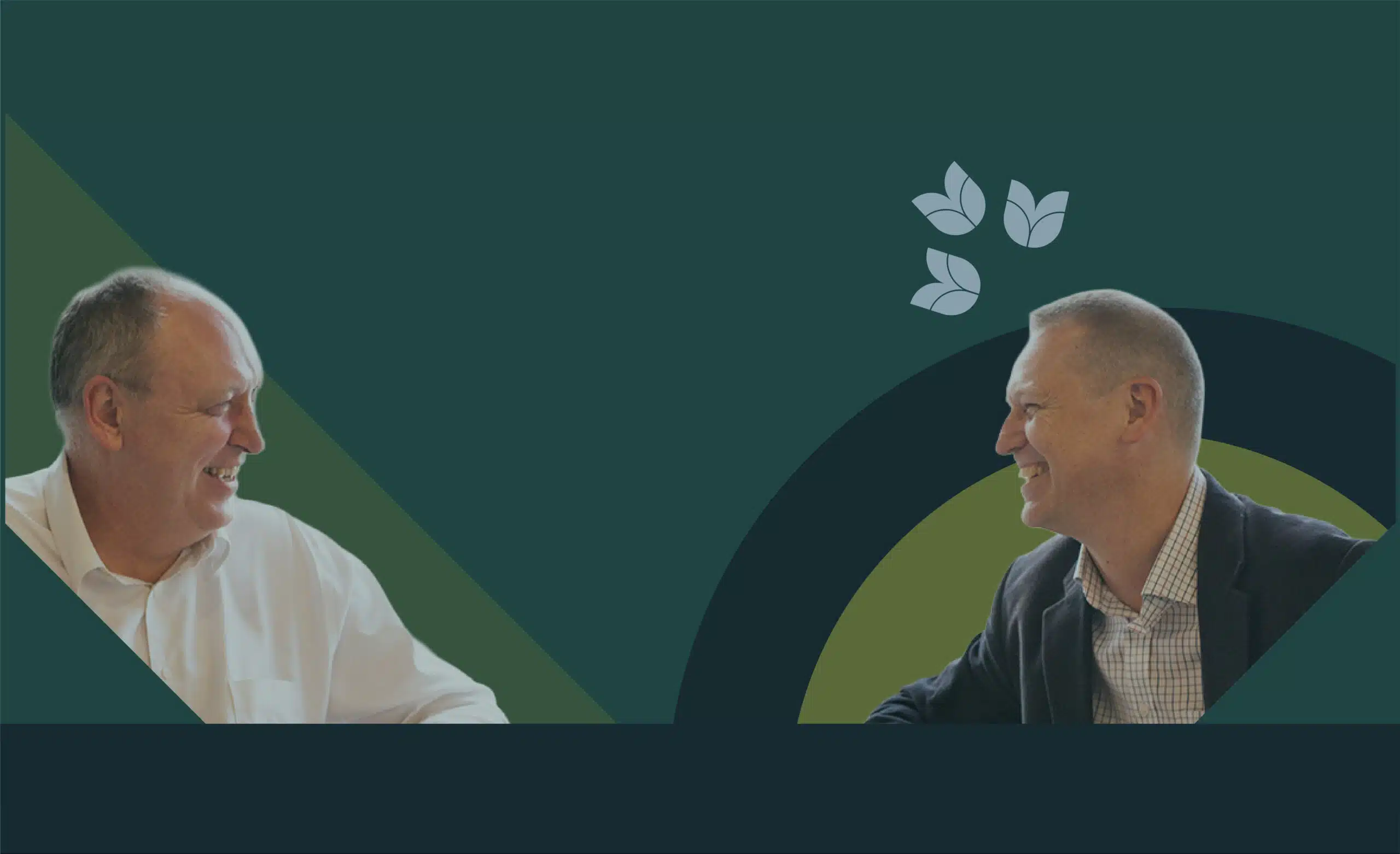 ideea group co-founders Mark Eigenraam and Carl Obst smiling at each other against green and navy shapes