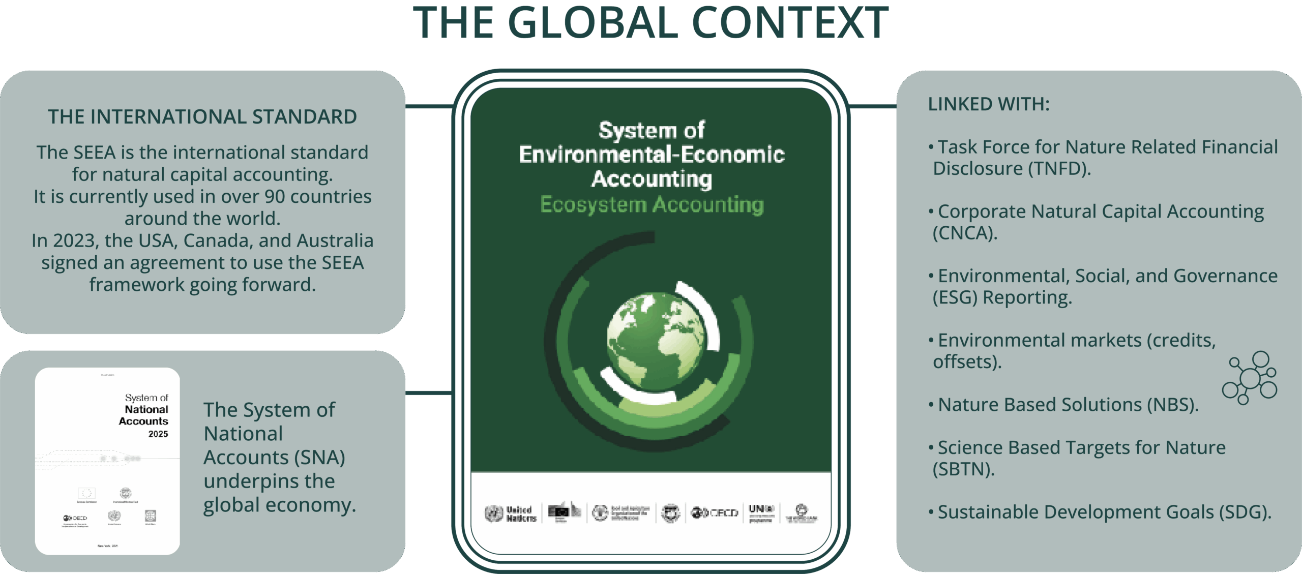 Diagram of the global context for the SEEA: the System of Environmental-Economic Accounting as the international standard for natural capital accounting, used in over 90 countries, underpinned by the System of National Accounts and linked with TNFD, ESG reporting, environmental markets, nature-based solutions, science based targets and the SDGs