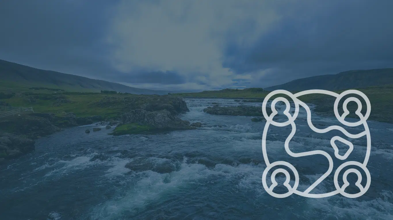 Rushing river and waterfall under a cloudy sky with a globe and people network icon