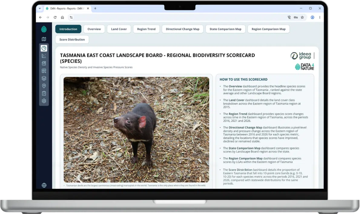 Laptop showing the Tasmania East Coast Landscape Board Regional Biodiversity Scorecard with a Tasmanian devil photo