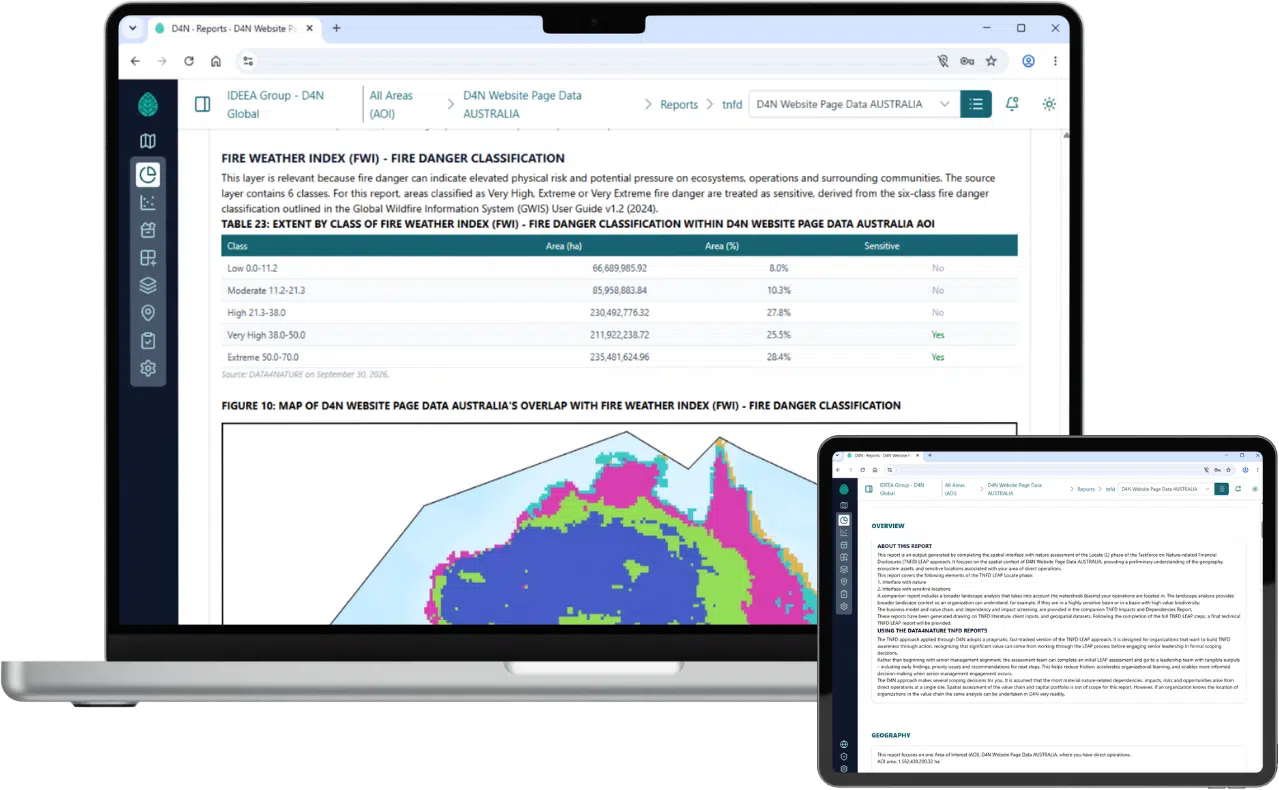 Laptop and tablet showing a Data 4 Nature TNFD report with a fire danger classification table and a map of Australia