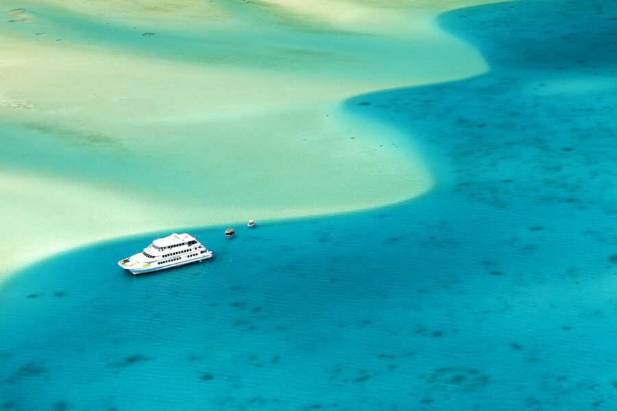 A cruise boat out at sea