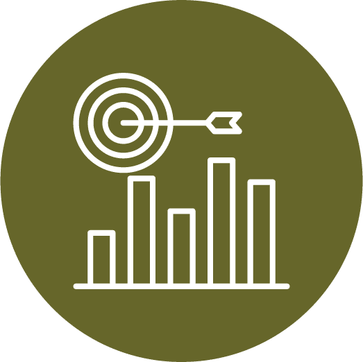 Bullseye with arrow over bar chart icon, representing progress against targets